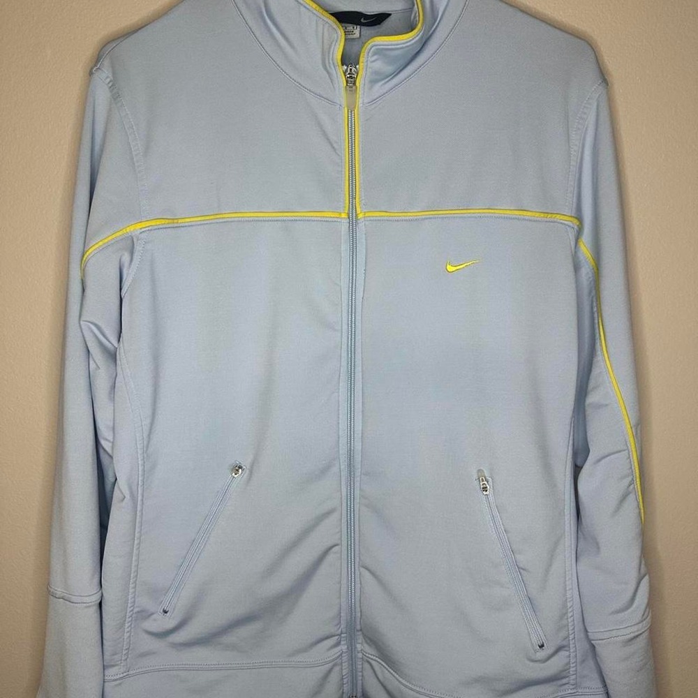 Nike Womens Light Blue Track Jacket Yellow Accents Zip Pockets Large Sporty